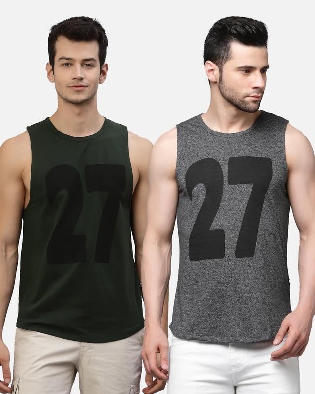 pack of 2 men's grey & green typography slim fit vest