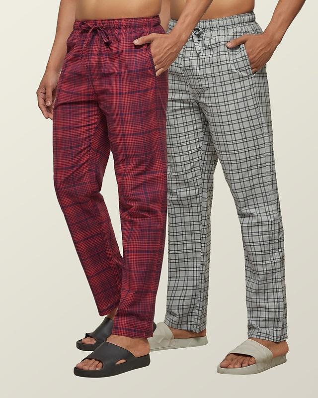 pack of 2 men's grey super combed cotton checkered pyjama