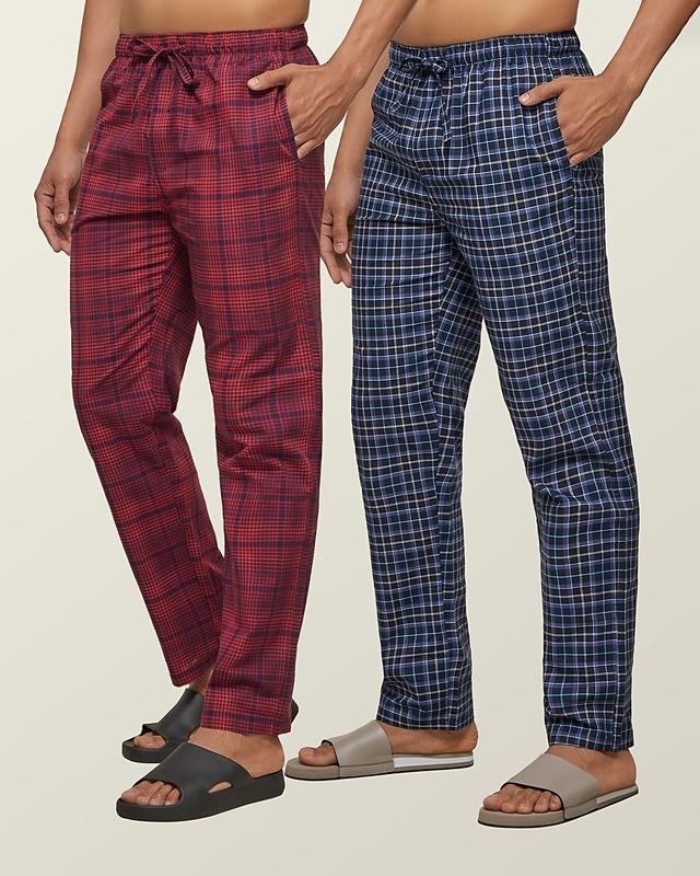 pack of 2 men's maroon & blue super combed checkered pyjamas