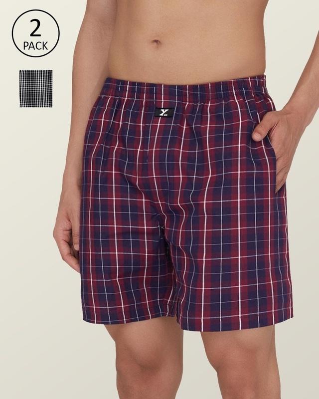 pack of 2 men's maroon & grey checked relaxed fit boxers