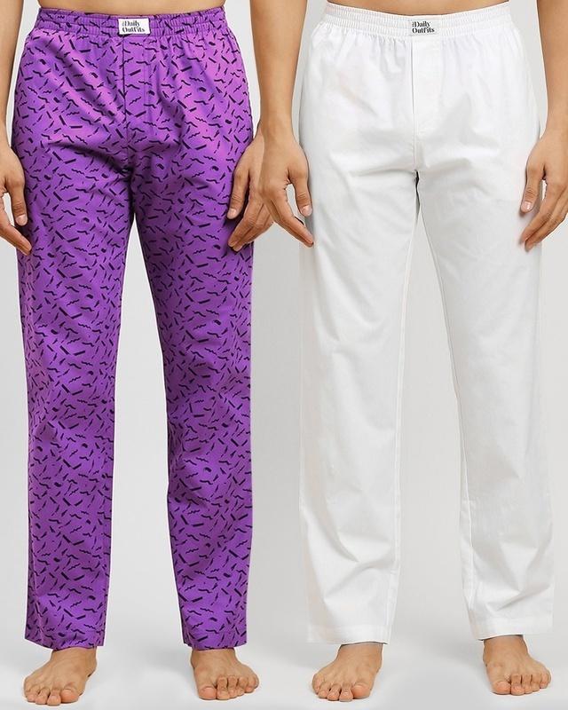 pack of 2 men's purple & white all over printed pyjamas