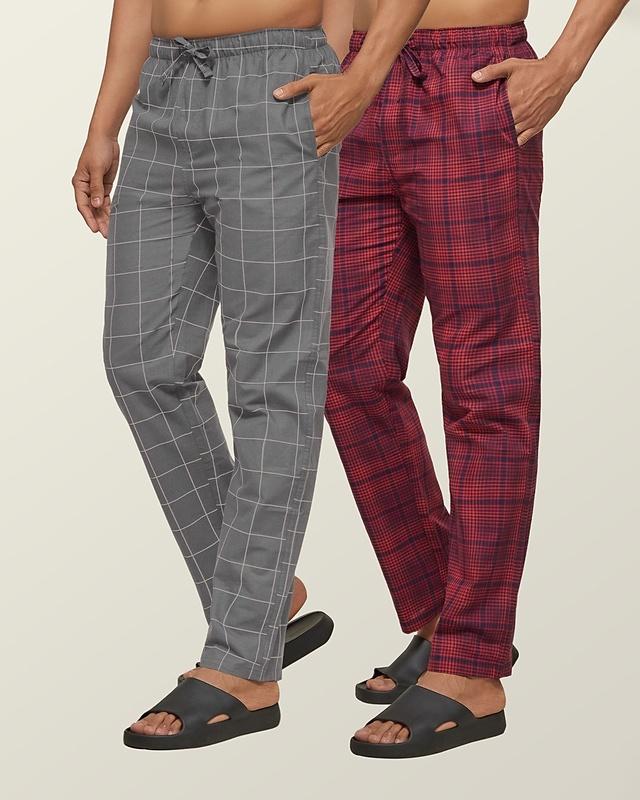 pack of 2 men's red super combed cotton checkered pyjama