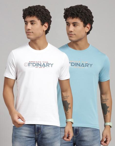 pack of 2 men printed round neck cotton blend blue t-shirt