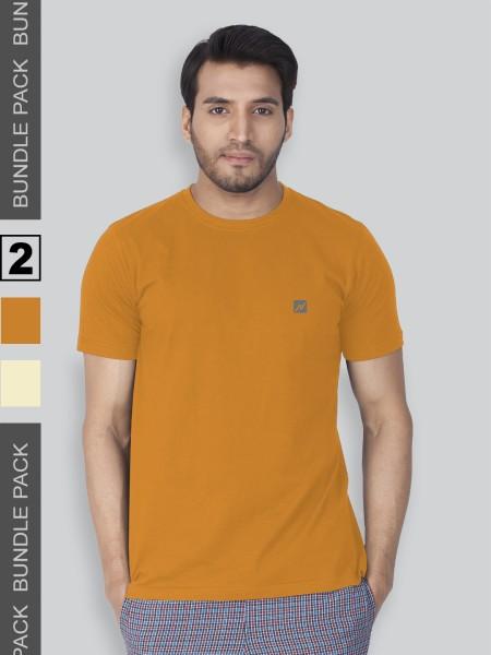 pack of 2 men solid round neck pure cotton yellow t-shirt