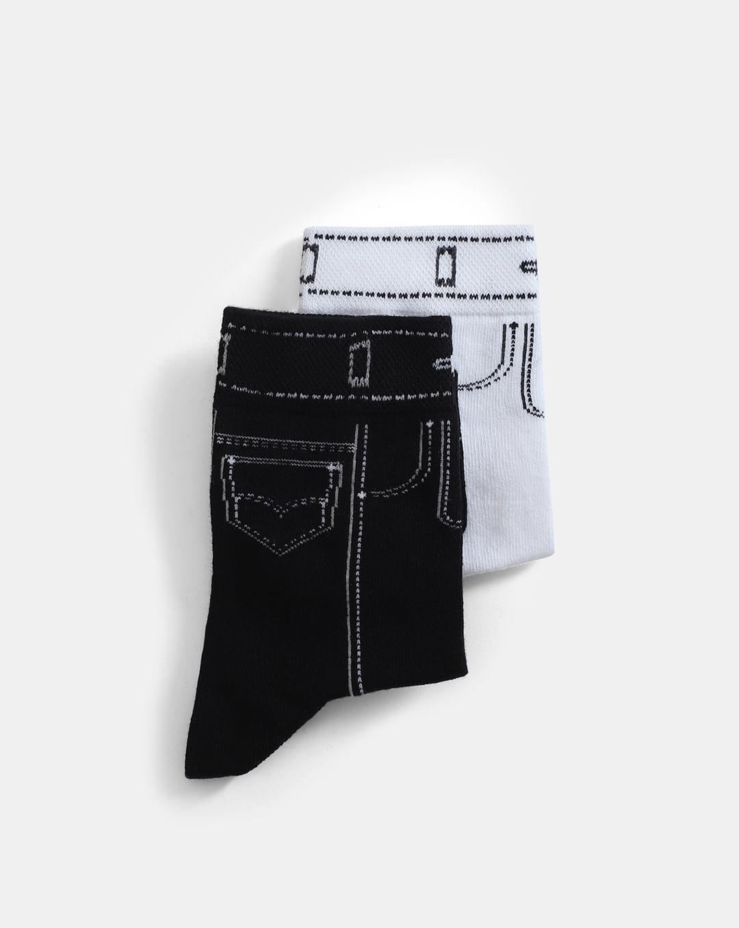 pack of 2 mid-length denim style socks - black & white