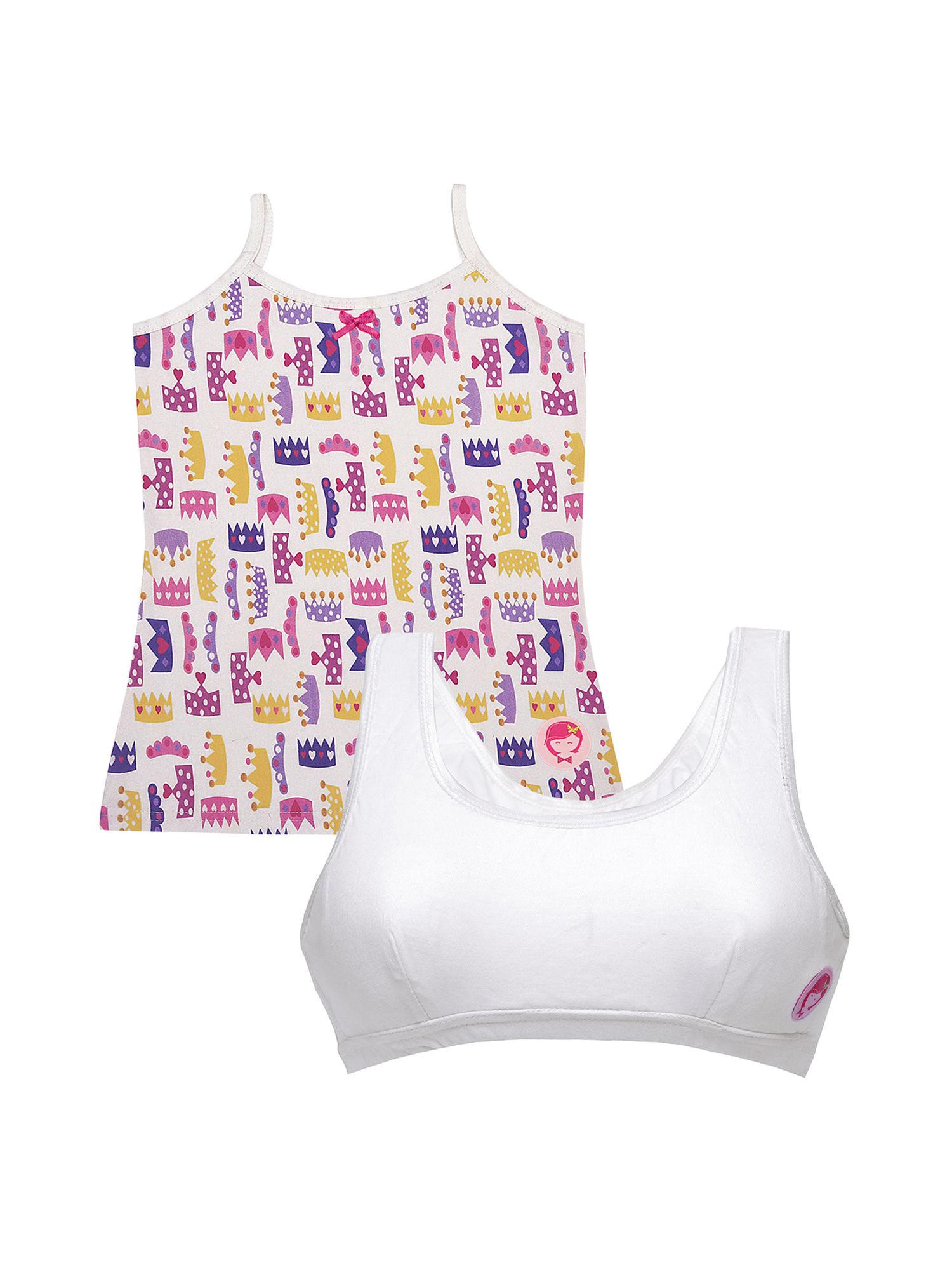 pack of 2 multi-color beginner bra and crown print camisole-slip for girls