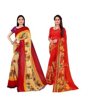 pack of 2 printed saree with unstitched blouse piece