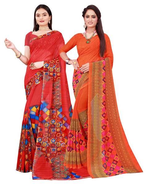 pack of 2 printed saree with unstitched blouse piece