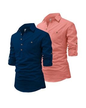 pack of 2 slim fit shirt kurtas with patch pockets