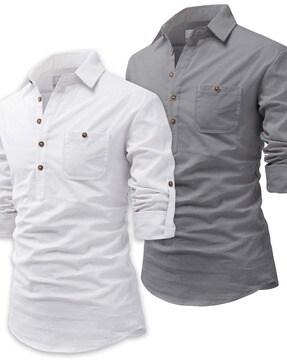 pack of 2 slim fit shirt kurtas with patch pockets