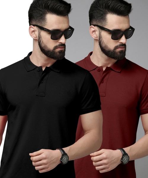 pack of 2 solid men polo neck poly cotton black, maroon t-shirt