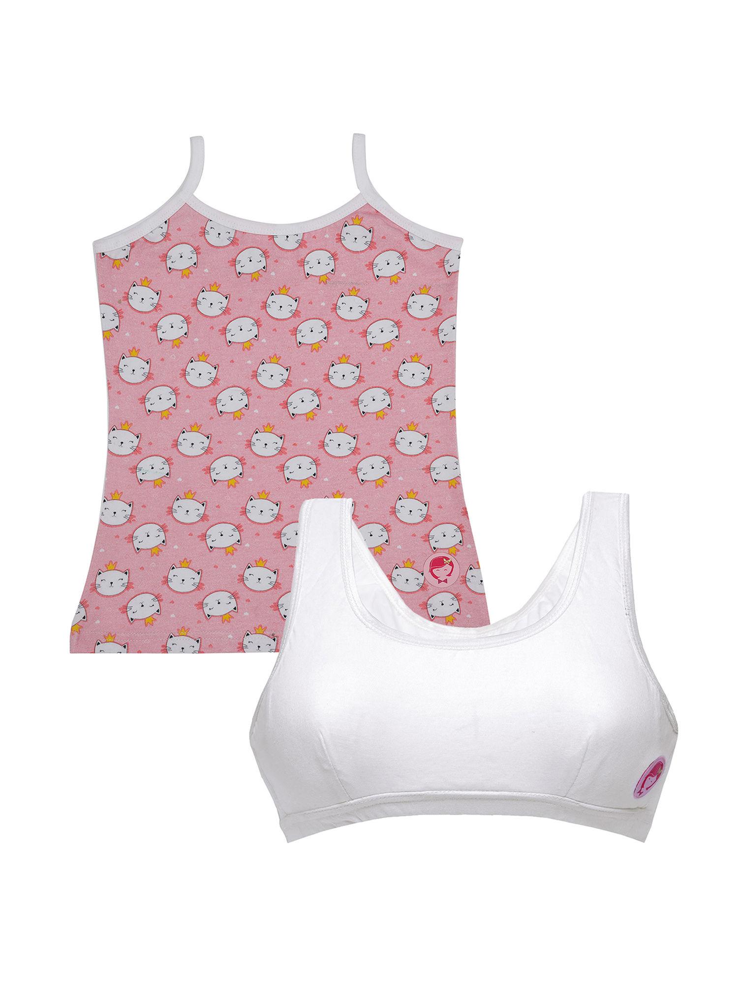 pack of 2 white beginner bra and cat print camisole-slip for girls
