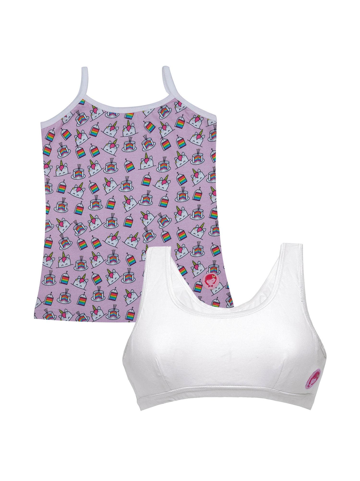 pack of 2 white beginner bra and unicorn print camisole-slip for girls