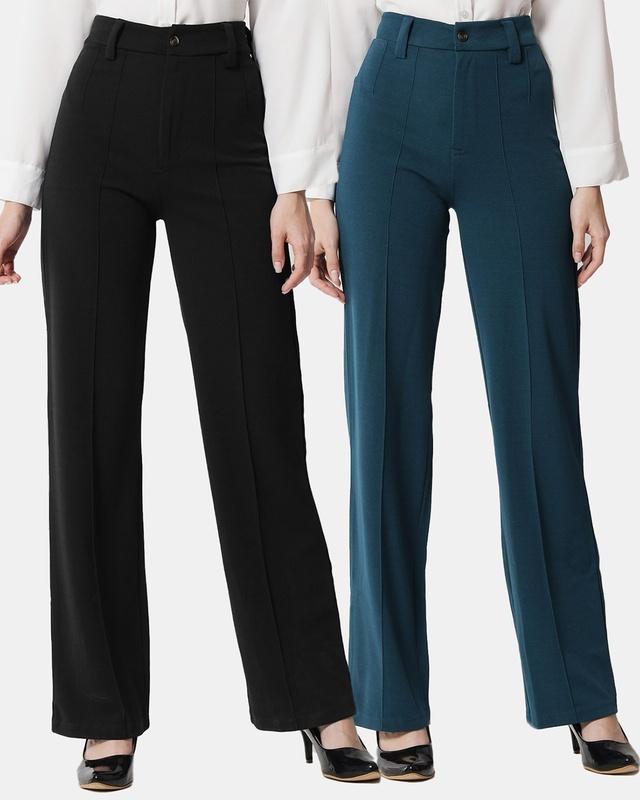 pack of 2 women's black & green straight fit trousers