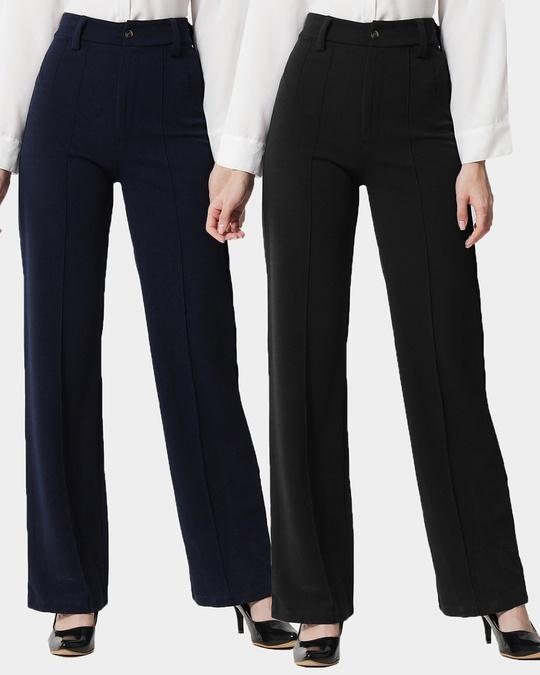 pack of 2 women's blue & black straight fit trousers