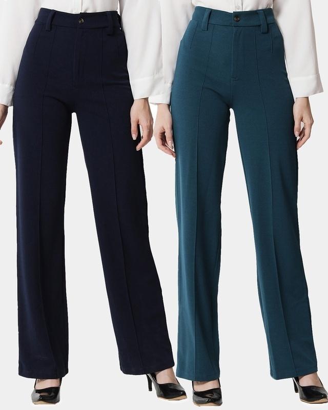 pack of 2 women's blue & green straight fit trousers
