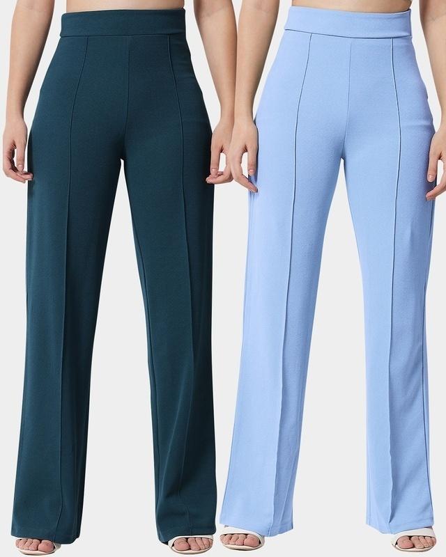 pack of 2 women's green & blue straight fit trousers