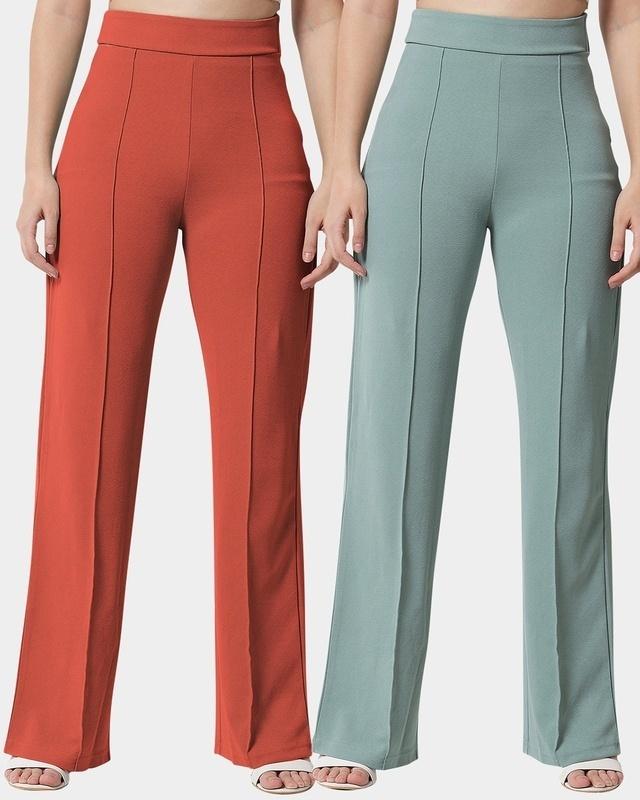 pack of 2 women's orange & green straight fit trousers