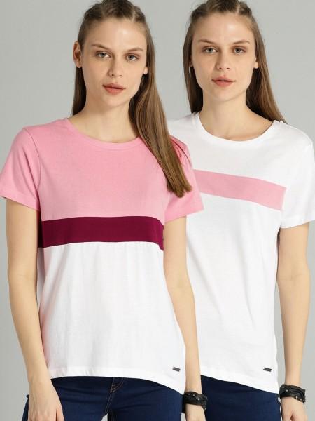 pack of 2 women colorblock round neck pure cotton pink t-shirt