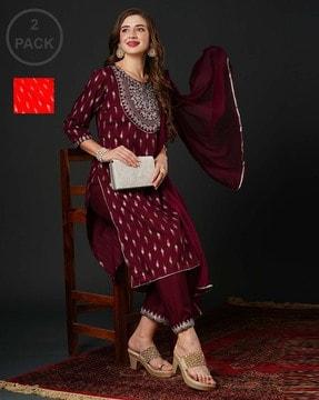 pack of 2 women ikat print straight kurtas & pants set