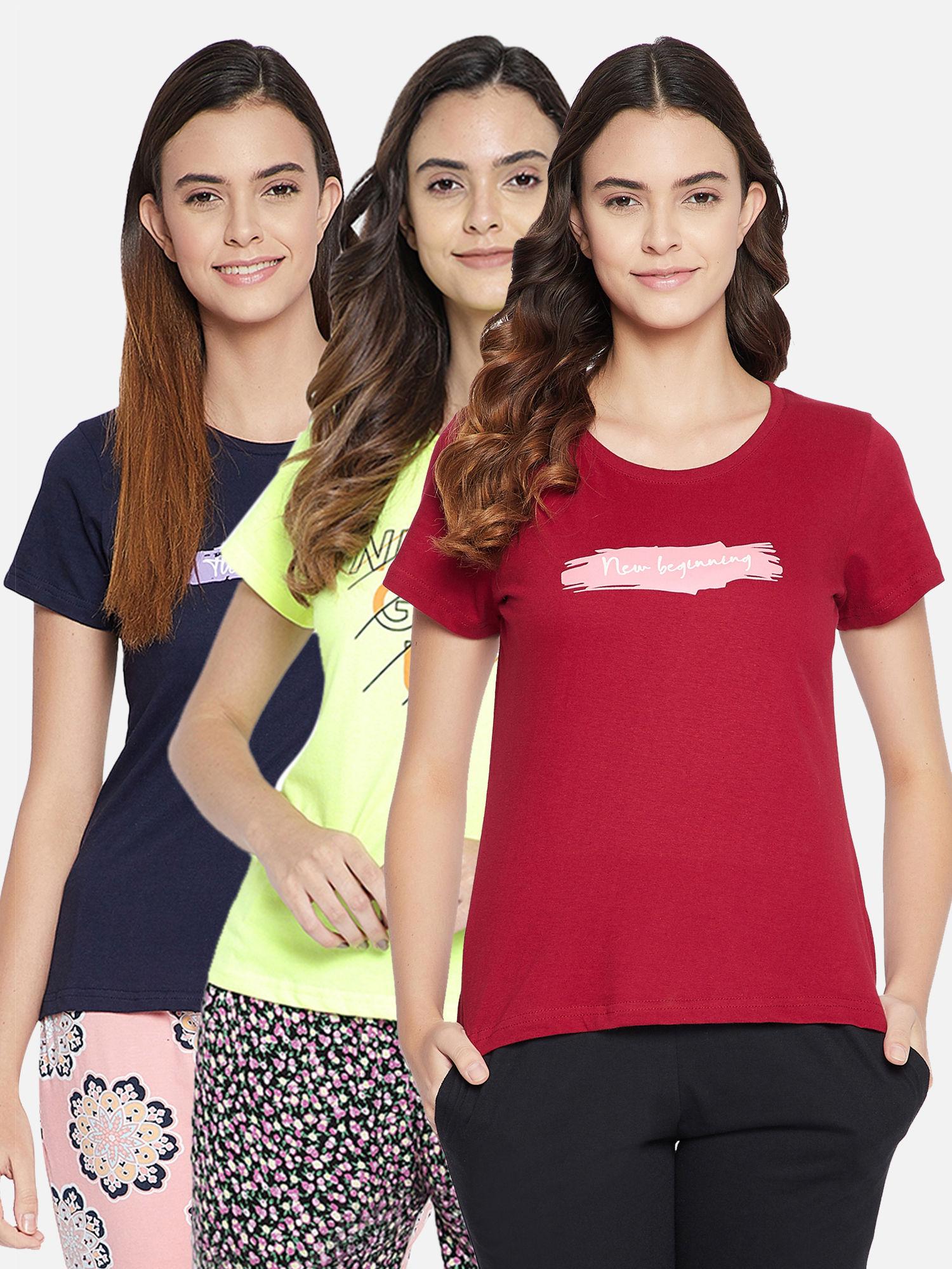 pack of 3 cotton assorted color & prints lounge t-shirt - multi-color
