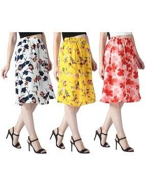 pack of 3 floral print flared skirts with elasticated waist