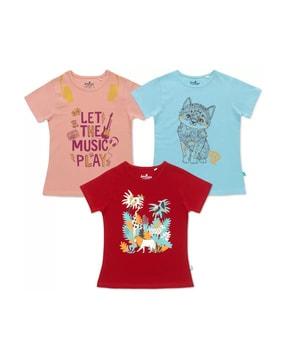 pack of 3 girls printed regular fit round-neck t-shirts
