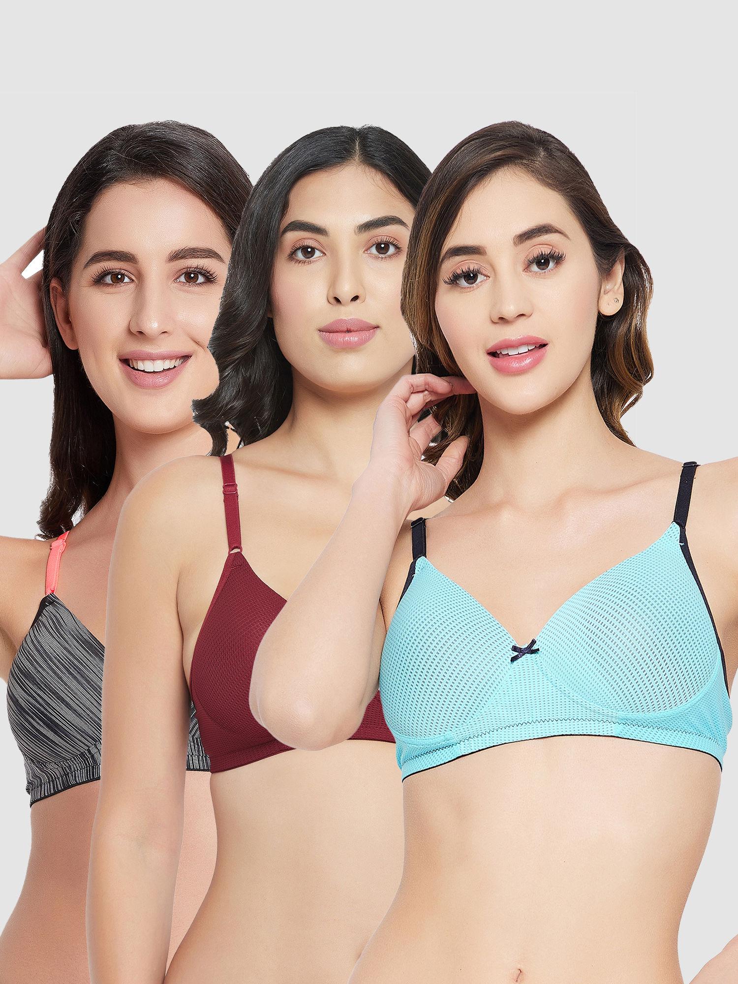 pack of 3 level 1 push-up padded non-wired demi cup printed t-shirt bra - multi-color