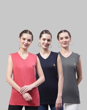 pack of 3 logo applique v-neck vests