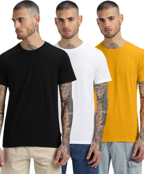 pack of 3 men solid round neck pure cotton multicolor t-shirt