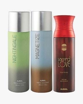 pack of 3 nightingale & magnetize for men & women & sacred love for women deodorants