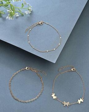pack of 3 women stone-studded gold-plated anklets