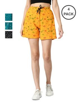 pack of 4 women floral print shorts with high rise waist