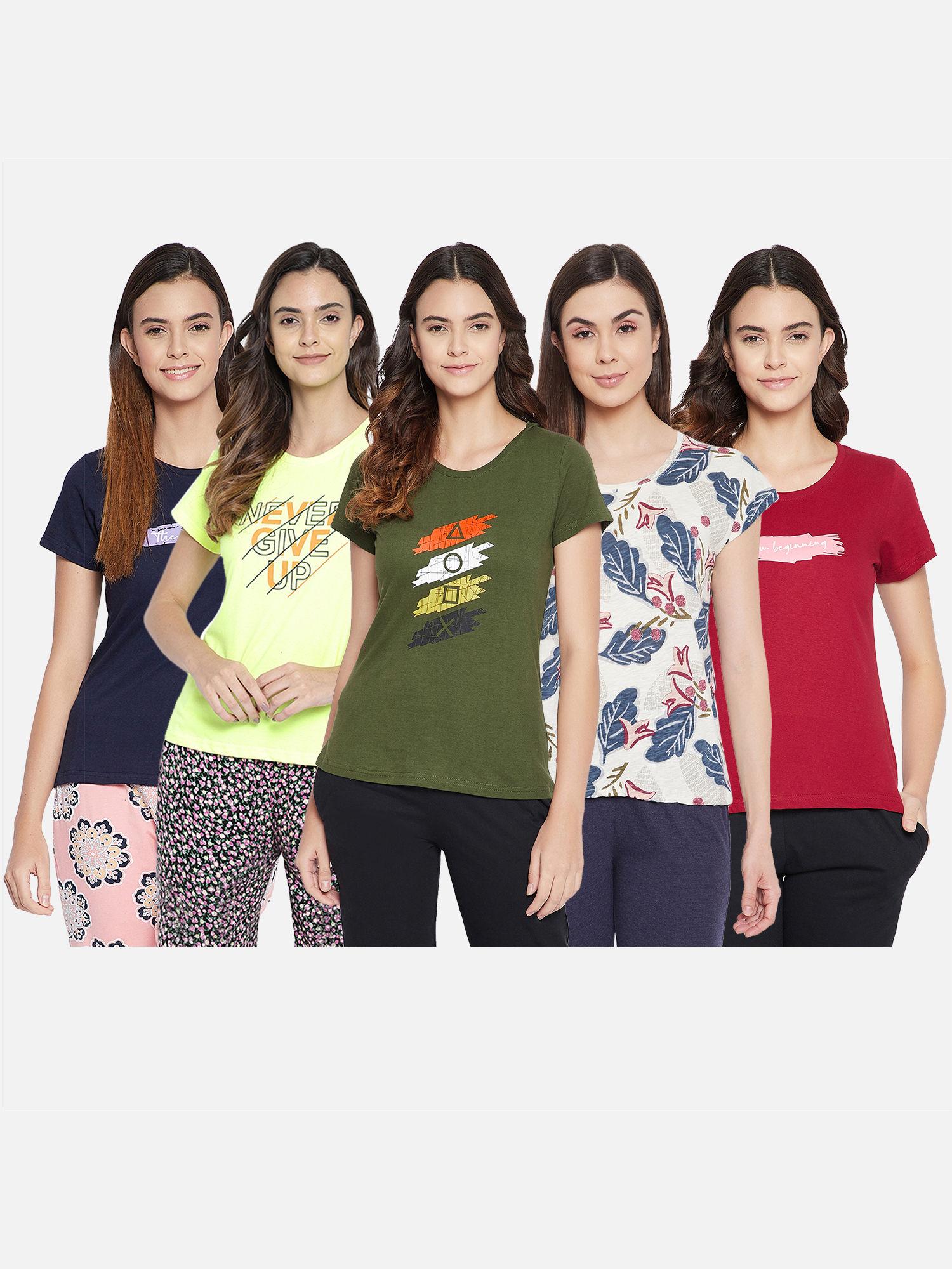 pack of 5 cotton assorted color & prints lounge t-shirt - multi-color