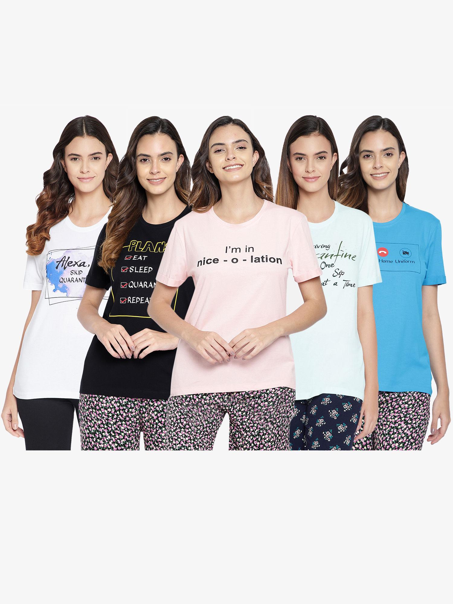 pack of 5 rayon assorted color & prints lounge t-shirt - multi-color