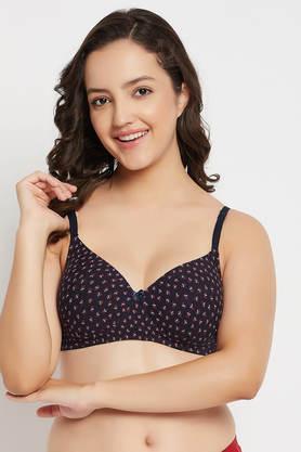 padded non-wired full cup floral print multiway t-shirt bra in navy - cotton - blue