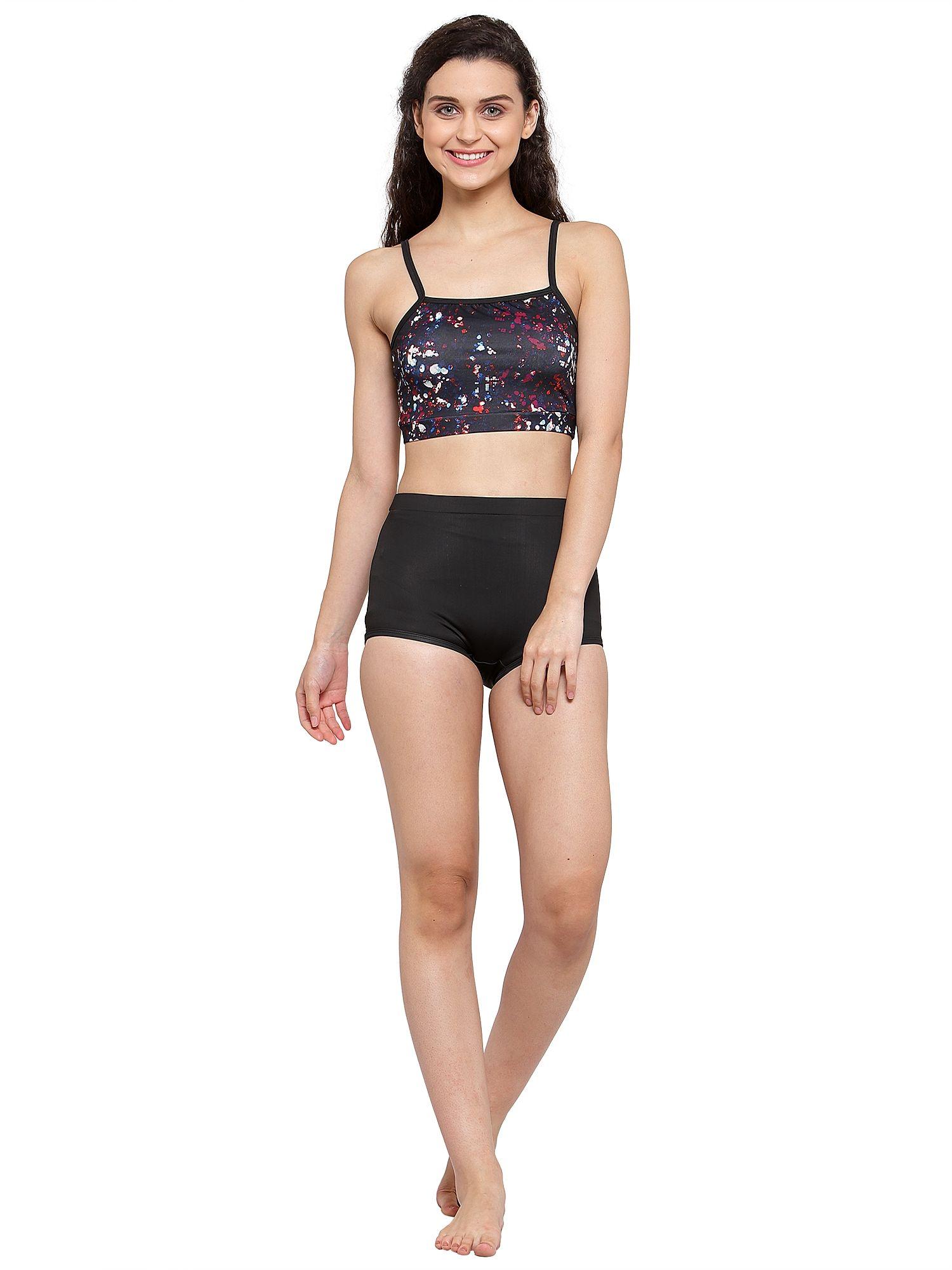 padded black abstract printed tankini swimwear