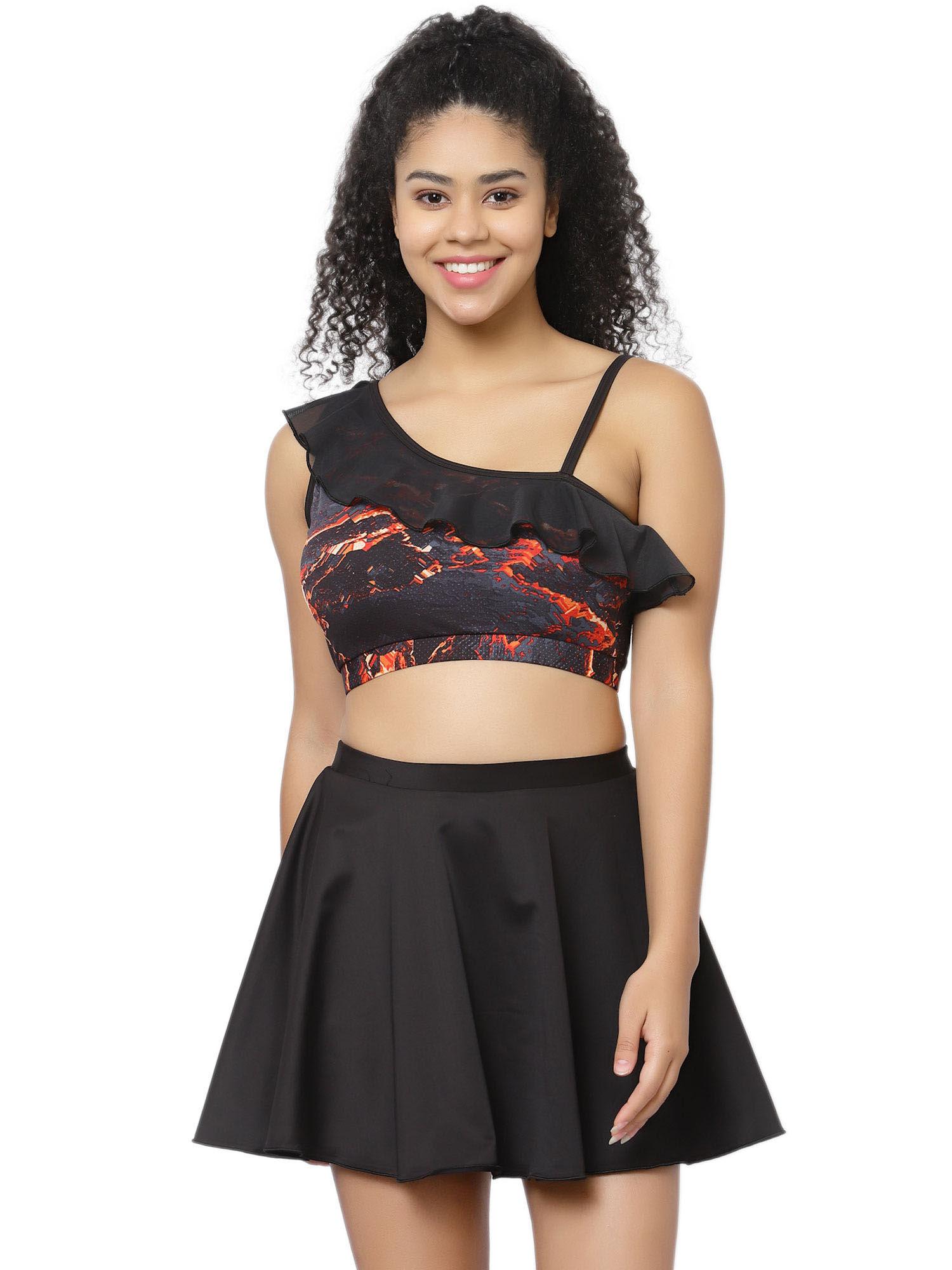 padded black two piece skirtini swimwear (set of 2)