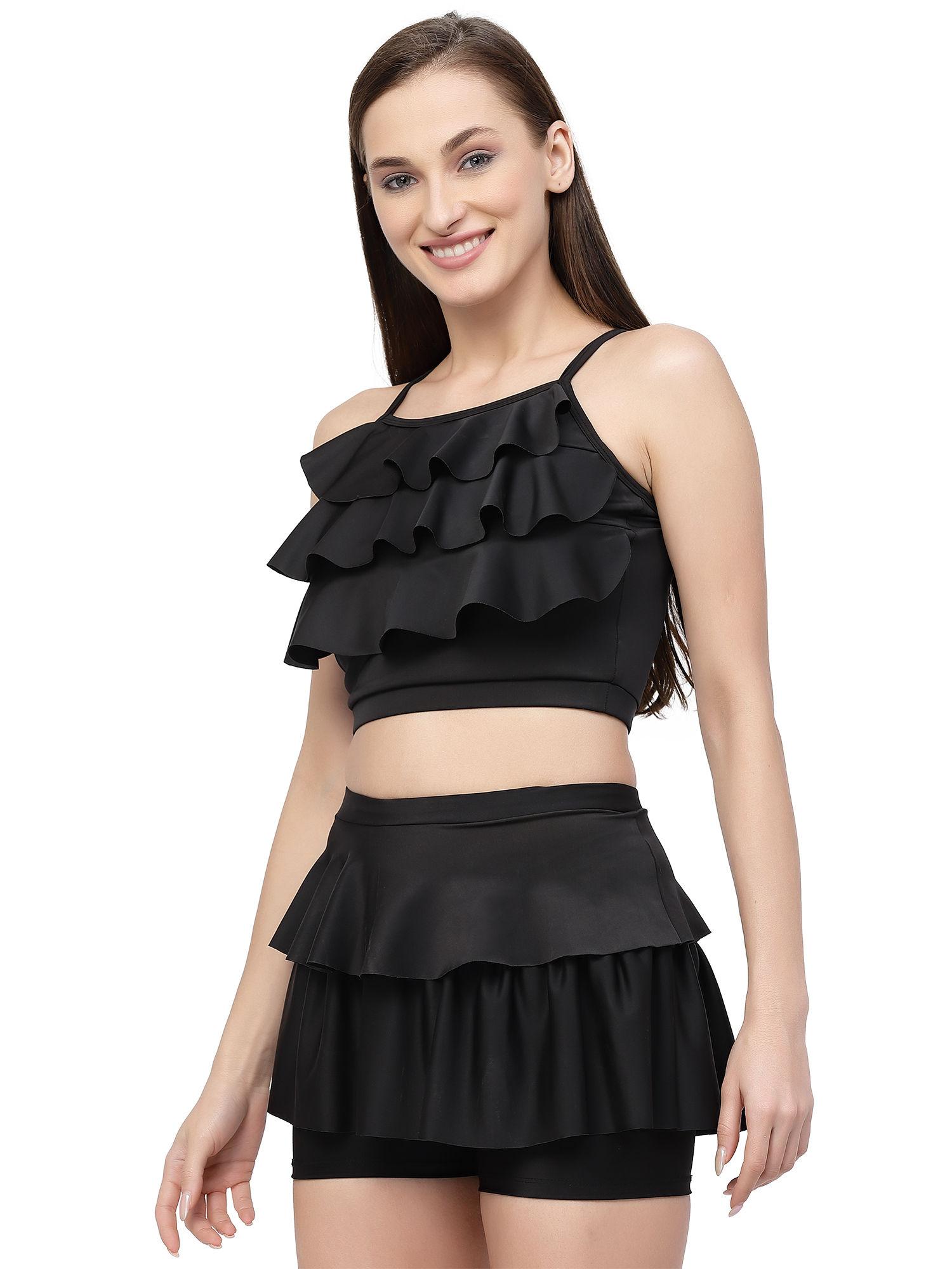 padded black two piece skirtini swimwear - black