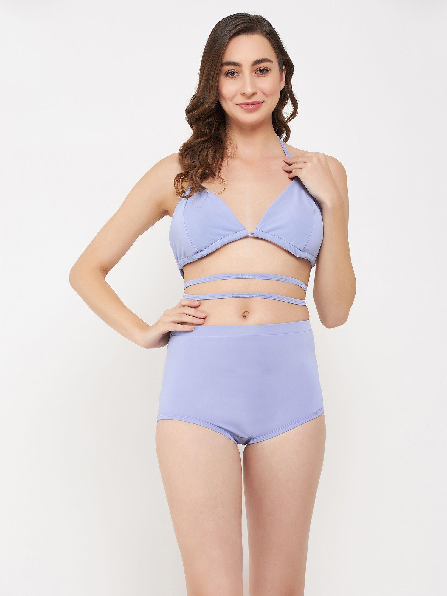padded halter neck bikini top & high waist bikini bottoms in lilac