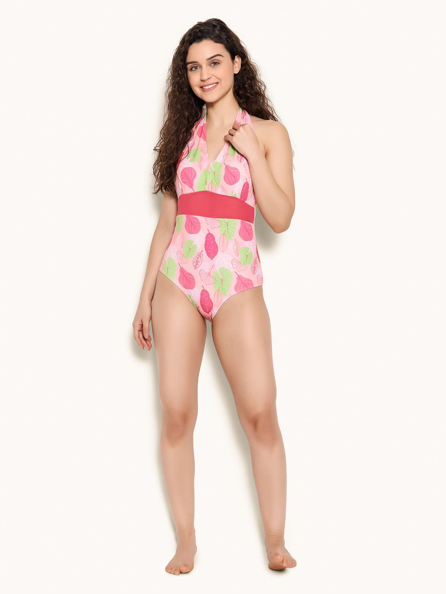 padded halter neck leaf print monokini in baby pink