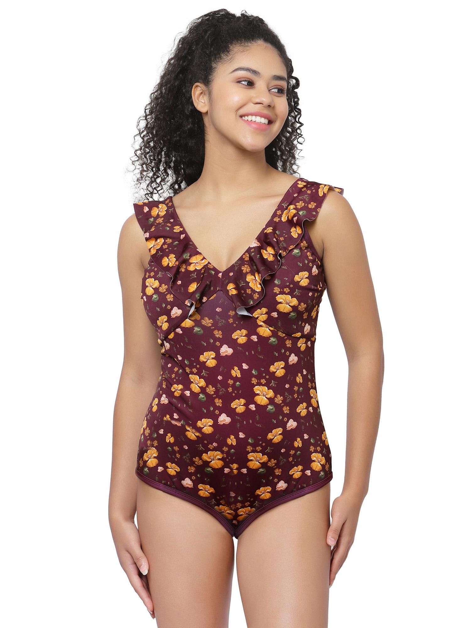 padded maroon floral criss cross back swimsuit