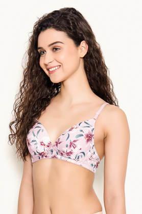 padded non-wired demi cup floral print plunge bra in baby pink - pink