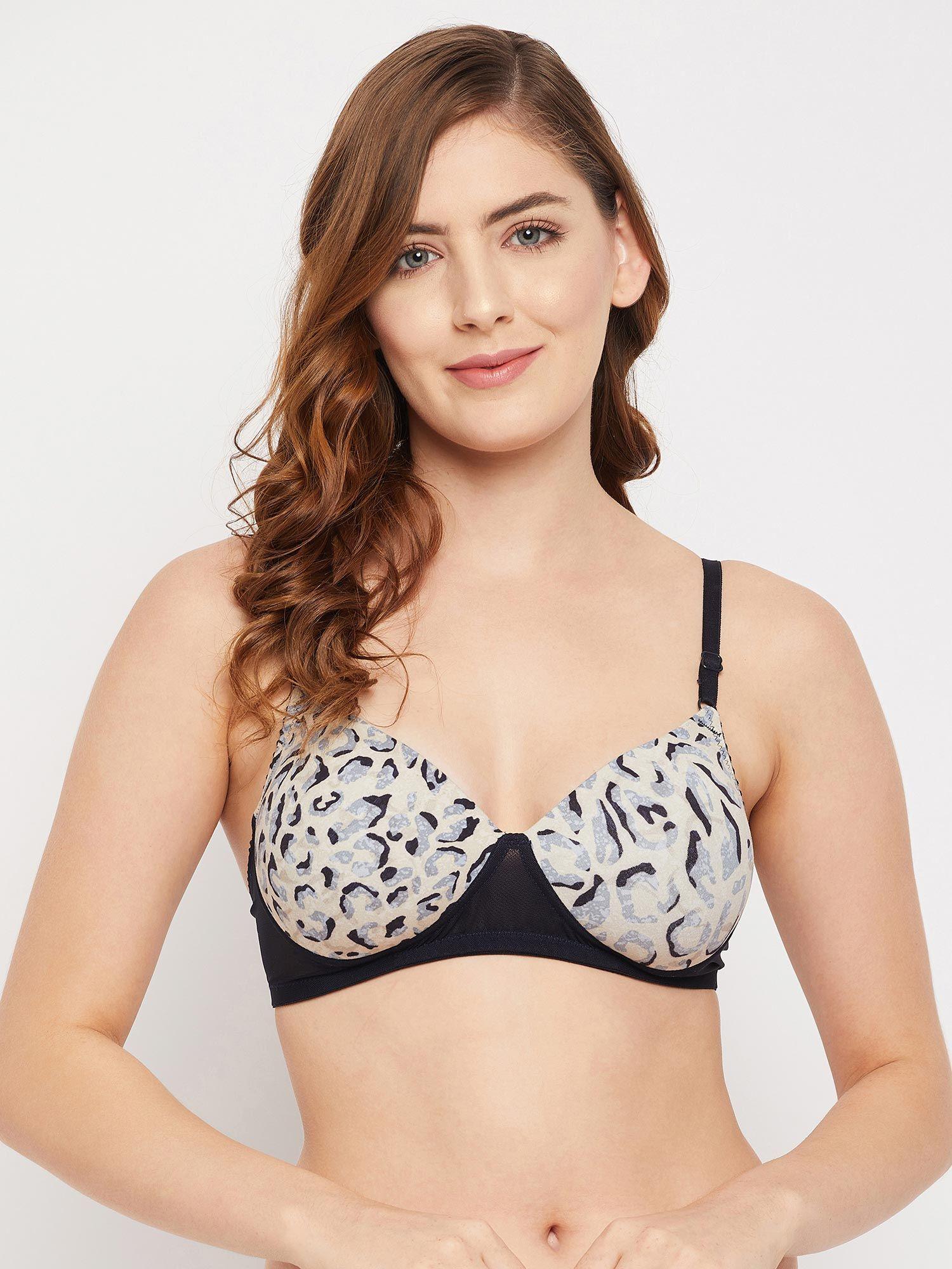padded non-wired full cup animal print t-shirt bra in white