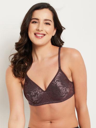 padded non-wired full cup bra in dark brown - lace