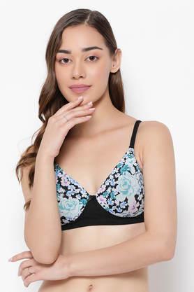 padded non-wired full cup floral print multiway t-shirt bra in black - black