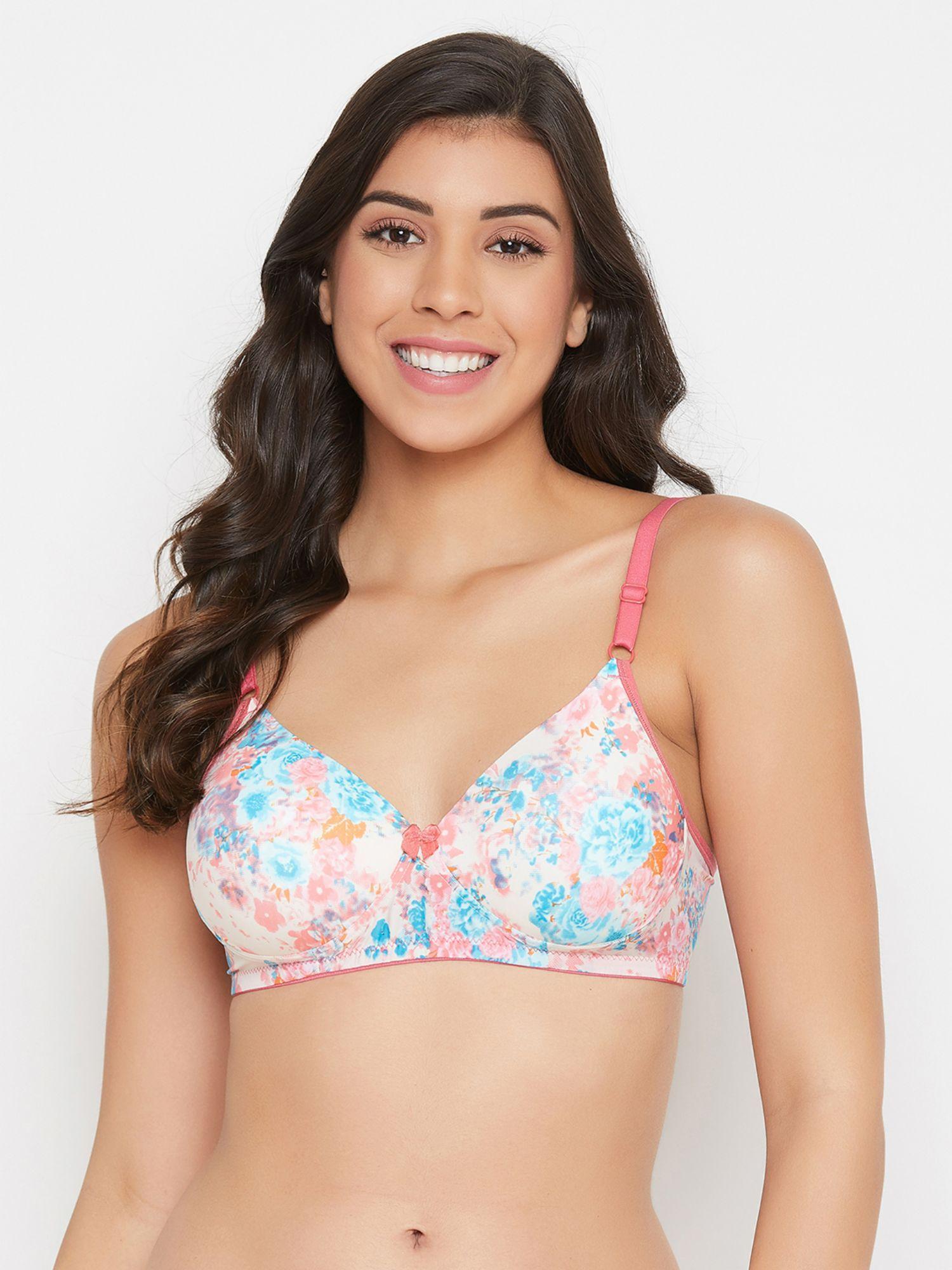 padded non-wired full cup floral print t-shirt bra in multi color
