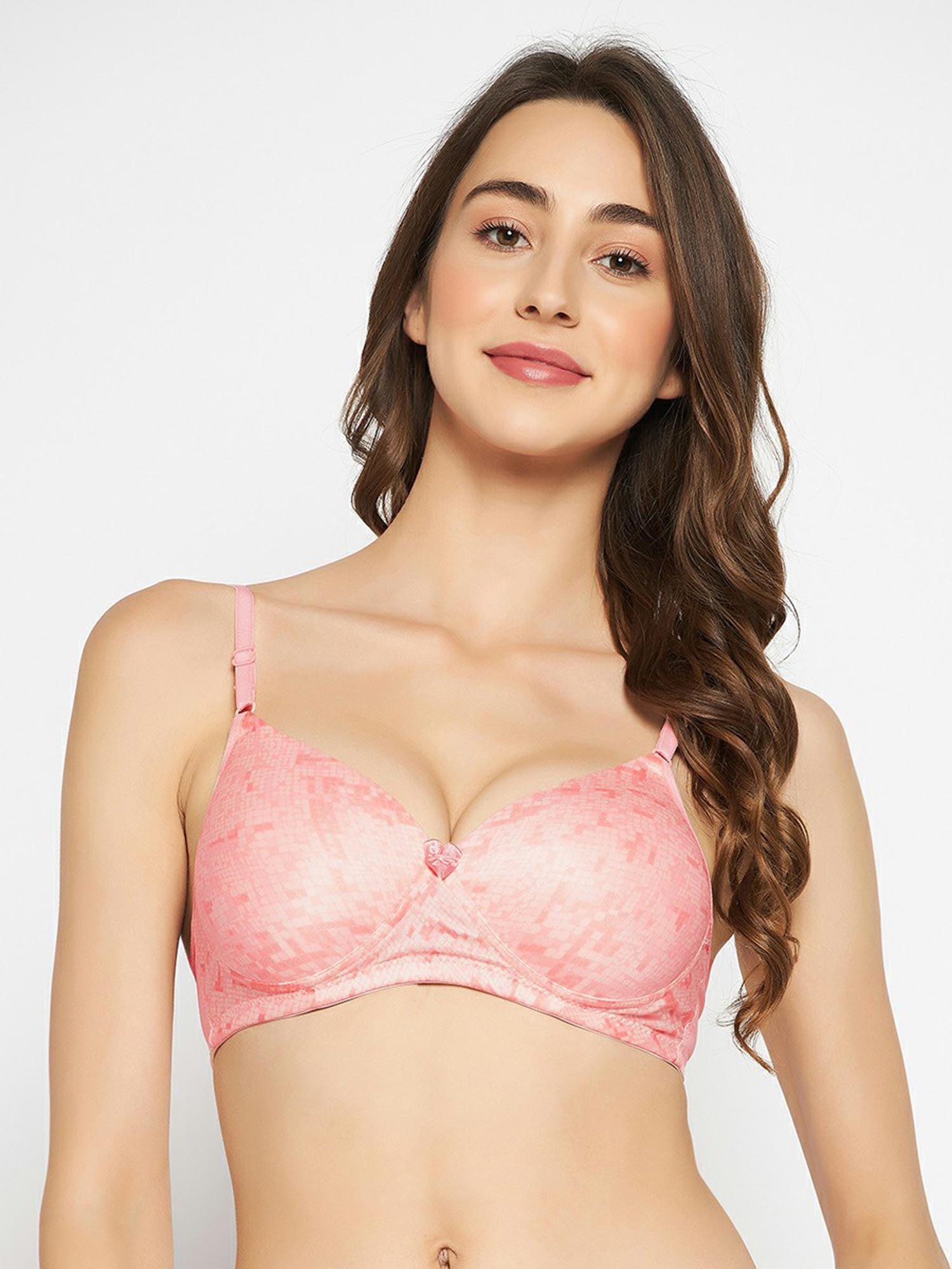 padded non-wired full cup printed t-shirt bra in soft pink