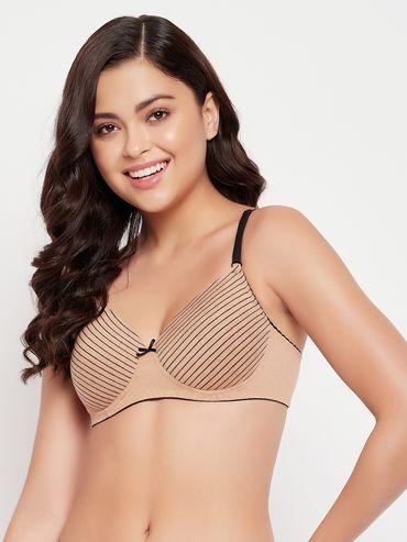 padded non-wired full cup striped t-shirt bra in - cotton beige