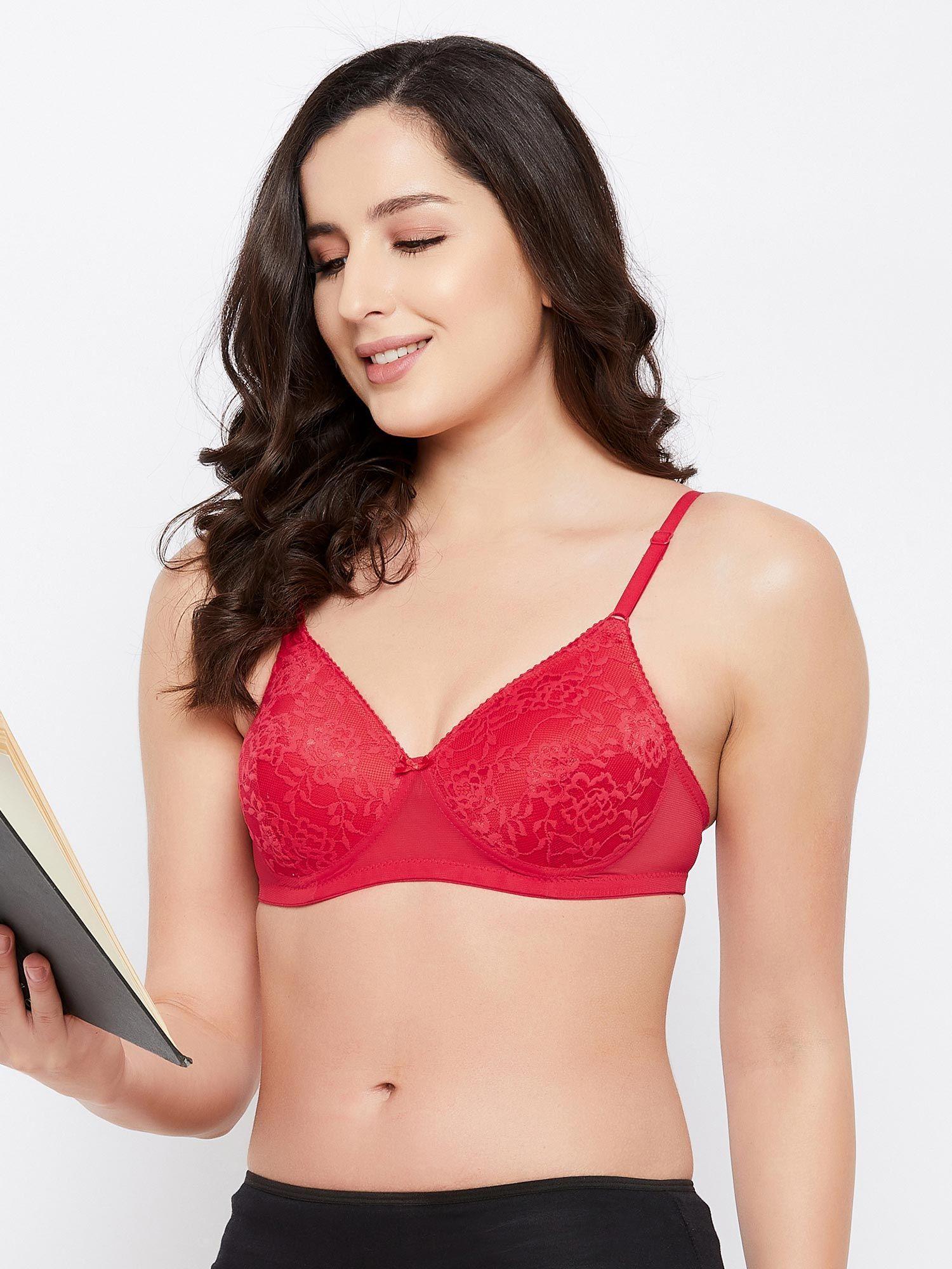 padded non-wired full cup t-shirt bra in red - lace